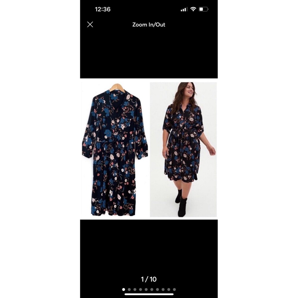 Torrid size 6 6x 30 Black Floral Button Front Drawstring Midi Shirt Dress